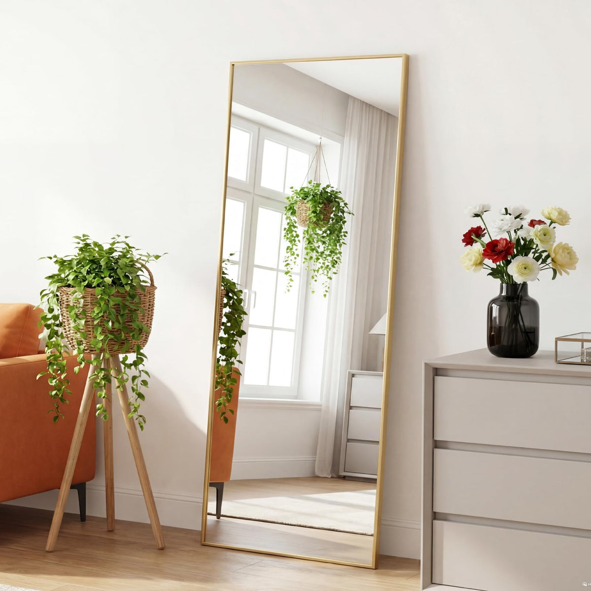 DUMOS Gold Full Length Mirror 59"x16.5" Full Body Floor Mirror for Bedroom or Cloakroom, Can Stand Alone, Hang or Lean Against Wall, Tall Wall Mirrors with Stand and Sleek Aluminum Alloy Thin Frame
