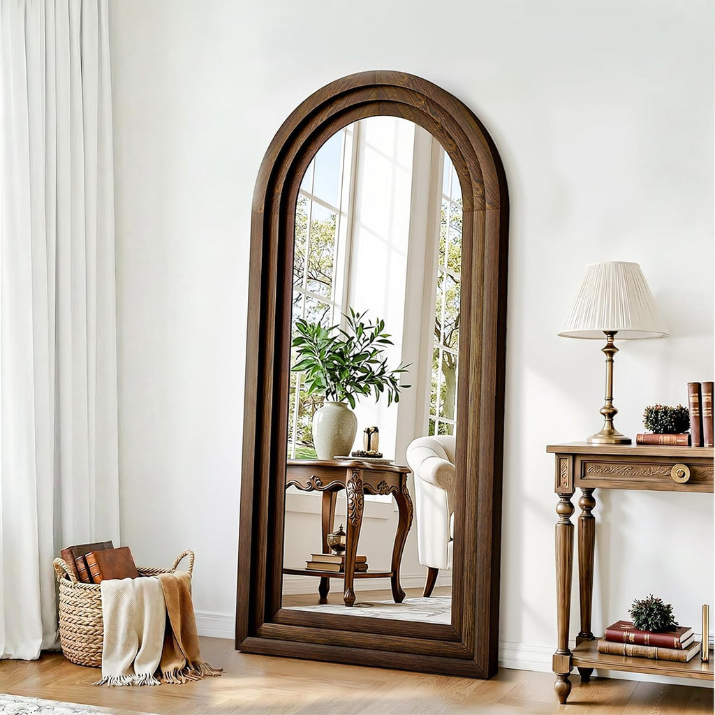 24"x65" Full Length Mirror Solid Wood Frame, Arched Floor Mirror Full Length with Stand, Room Decor Big Full Body Mirror with HD Tempered Glass for Bedroom, Living Room, Walnut Wood