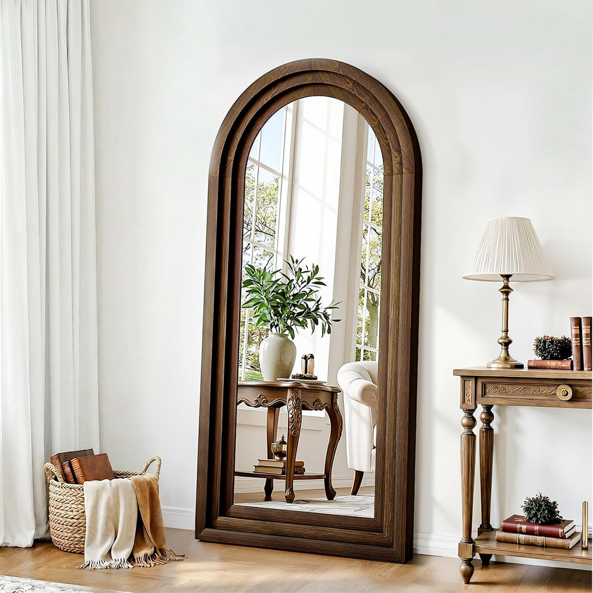 24"x65" Full Length Mirror Solid Wood Frame, Arched Floor Mirror Full Length with Stand, Room Decor Big Full Body Mirror with HD Tempered Glass for Bedroom, Living Room, Walnut Wood