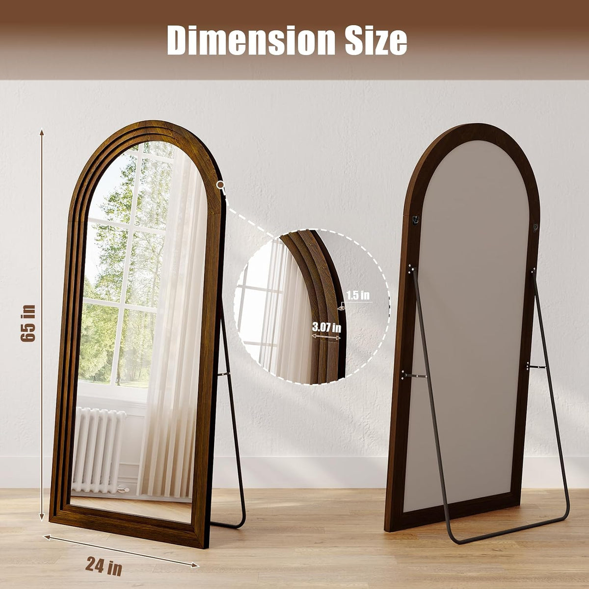 24"x65" Full Length Mirror Solid Wood Frame, Arched Floor Mirror Full Length with Stand, Room Decor Big Full Body Mirror with HD Tempered Glass for Bedroom, Living Room, Walnut Wood