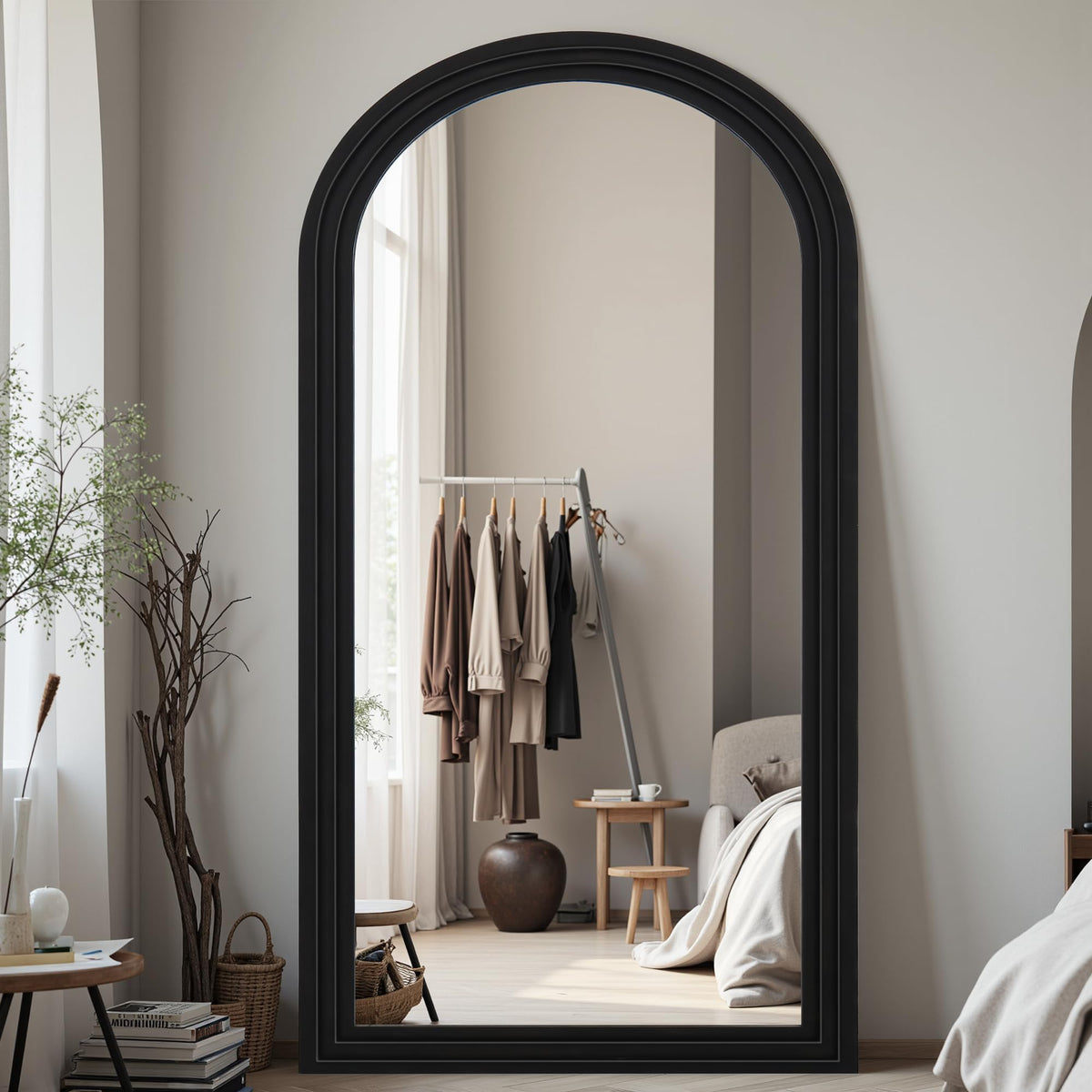 Full Length Mirror 71"x32", Arched Solid Wood Frame with Stand