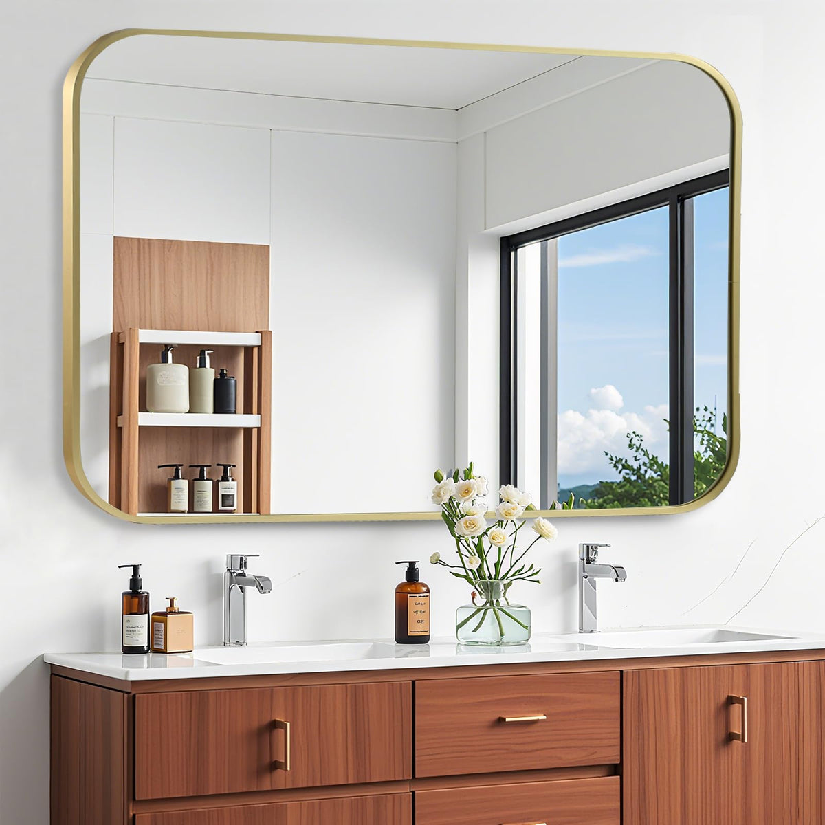 Brushed Nickel Bathroom Mirror, 30"x36" Rectangle Mirror, Brushed Mirror, Metal Frame Square Corner Vanity Mirror, Wall Mounted Mirror for Modern, Living Room, Bedroom, Horizontal Or Vertical
