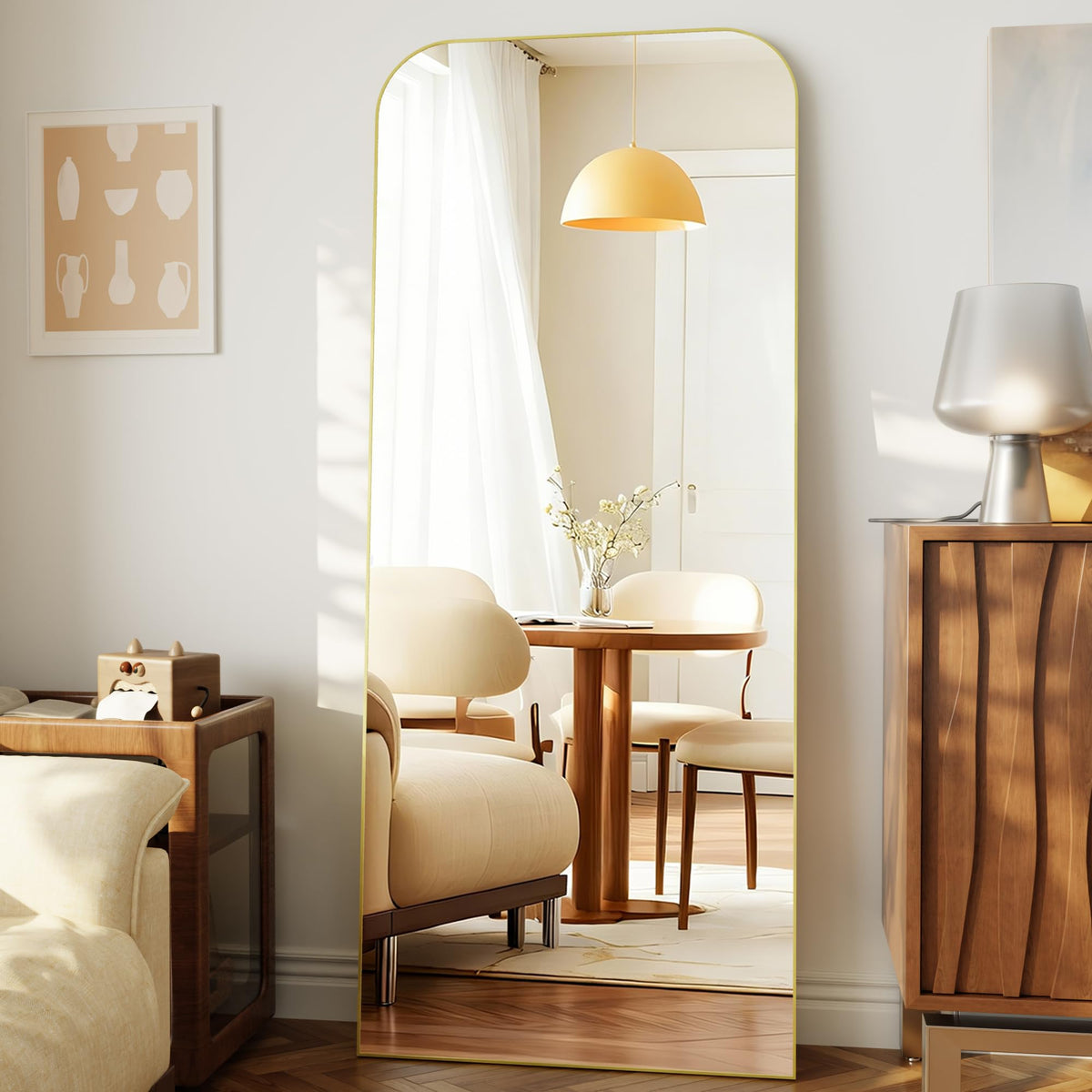 Arched Floor Standing Mirror 71"x26"Black with Top Round Corner
