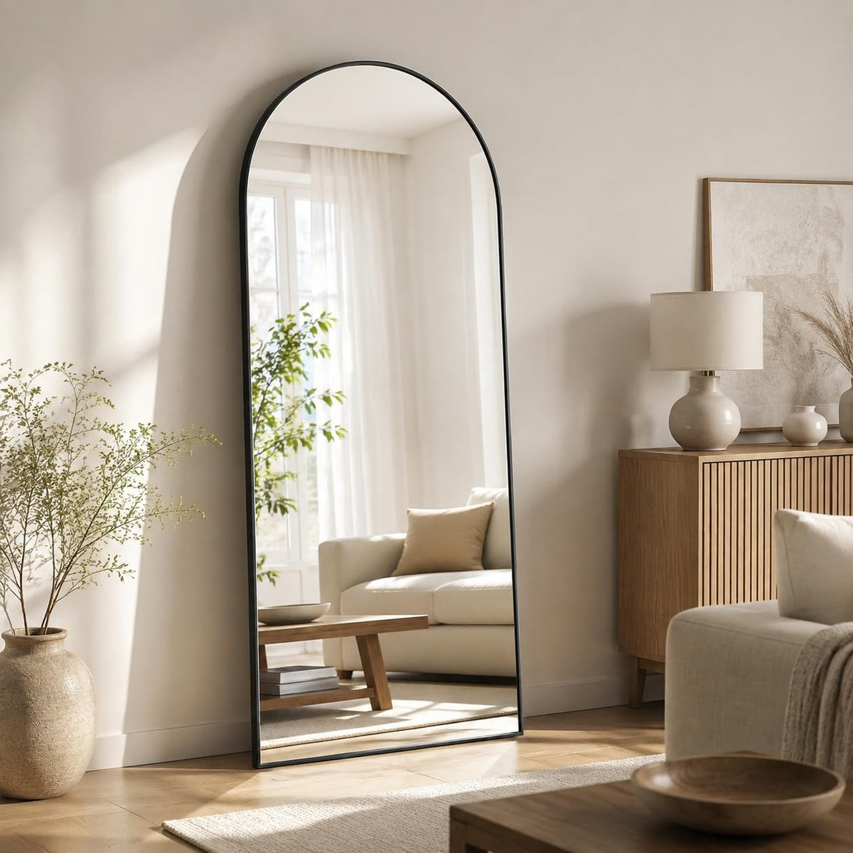 Antok 58" x 20" Arched Full Length Floor Mirror, Aluminum Frame, Black