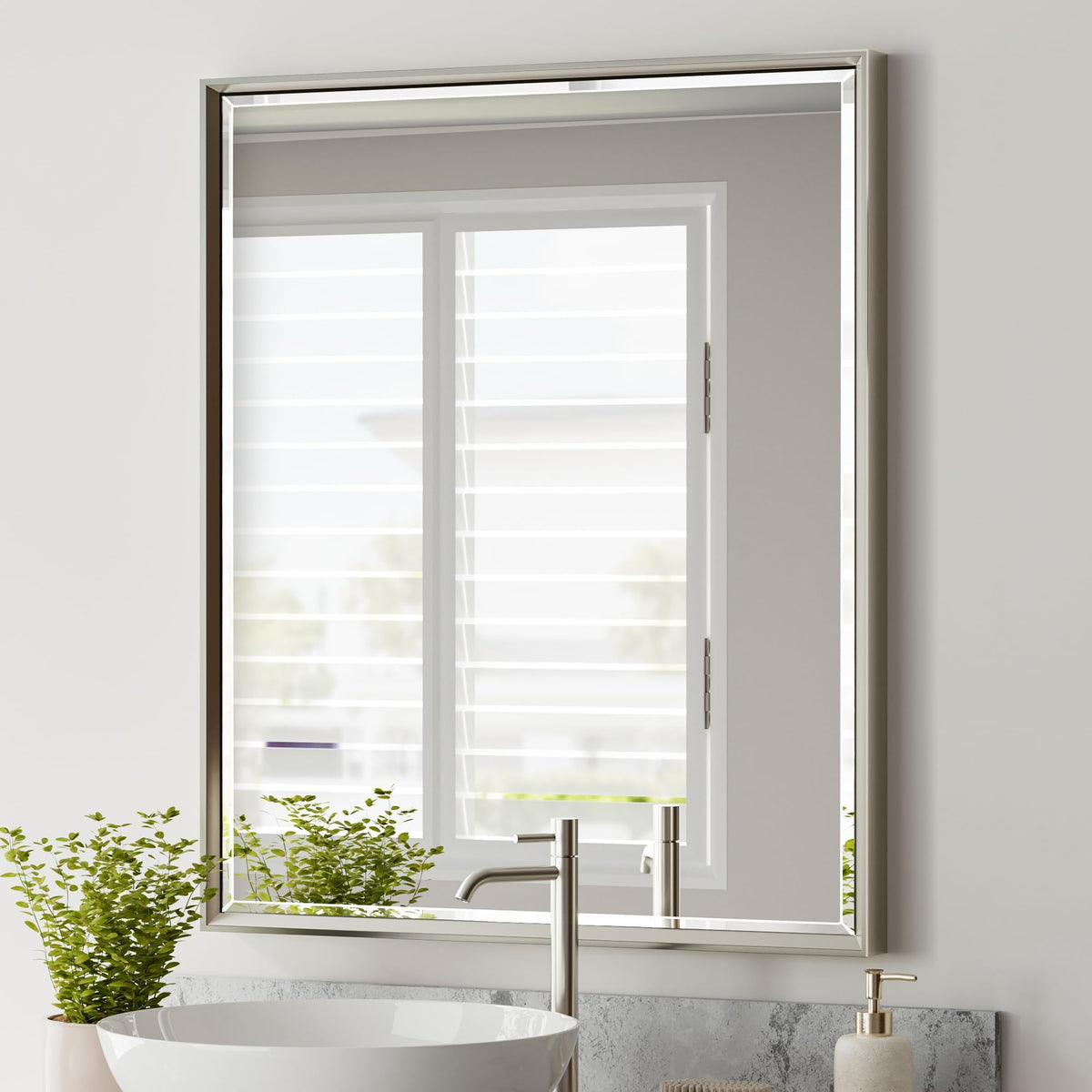 Brushed Nickel Bathroom Mirror, 24x32 Inch Beveled Framed Bathroom Mirror Anti-Rust, Brushed Nickel Metal Frame Bathroom Vanity Mirror for Wall, Vertical/Horizontal Wall-Mounted Mirrors