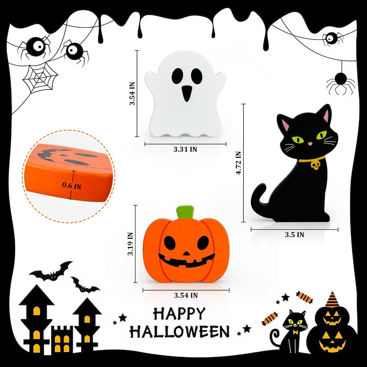 Halloween Decorations for Indoor Home 3 Pcs, Cute Wooden Pumpkin Ghost Black Cat Decor for Tabletop Tiered Tray, Halloween Centerpiece Sign for Desk Fireplace Office Shelf Farmhouse Rest Bathroom Dorm