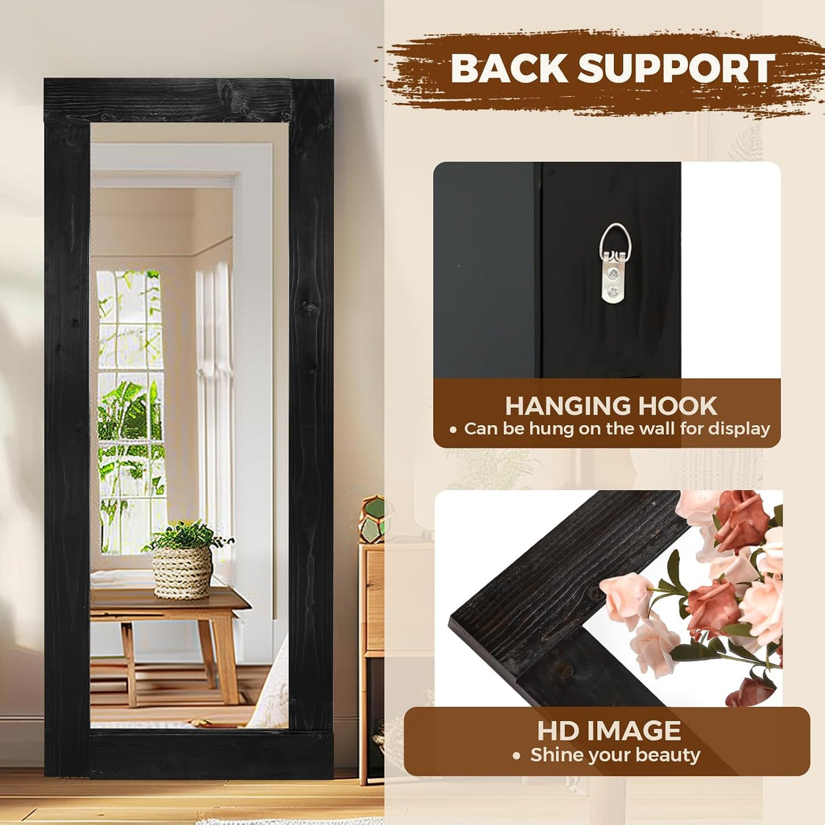 58x24in Full Length Mirror, Solid Wood Convex Frame, Black