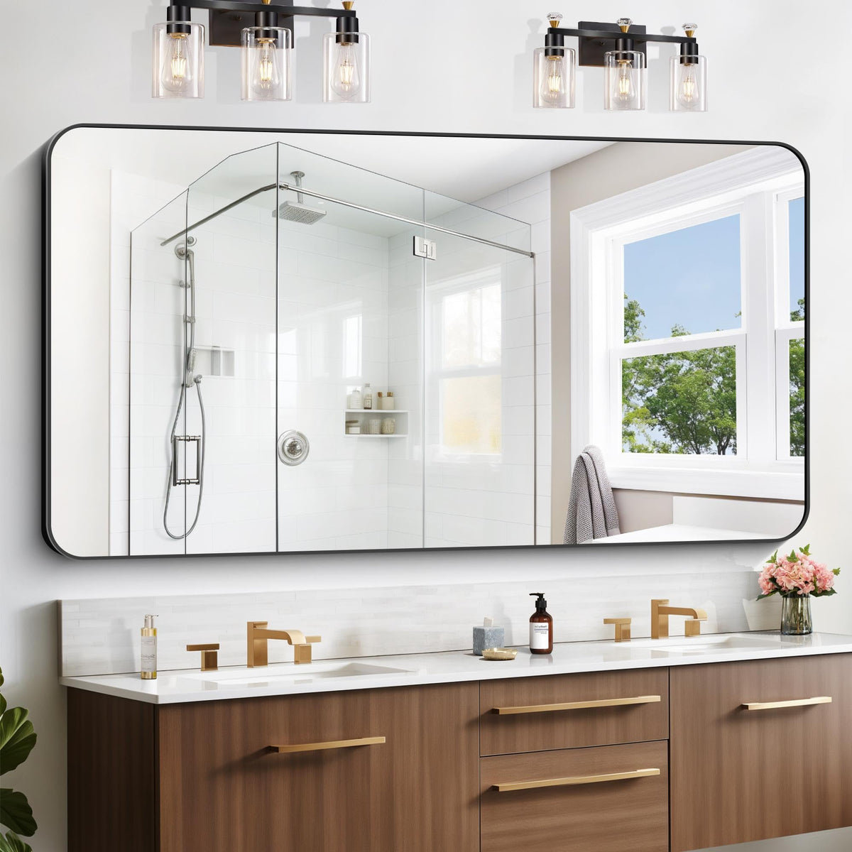 Black Bathroom Mirror, 28x42 inch Aluminum Metal Frame Rectangular Vanity Mirror, Wall Mounted Rectangle Mirrors with Rounded Corner for Bedroom Living Room Hangs Horizontal Or Vertical