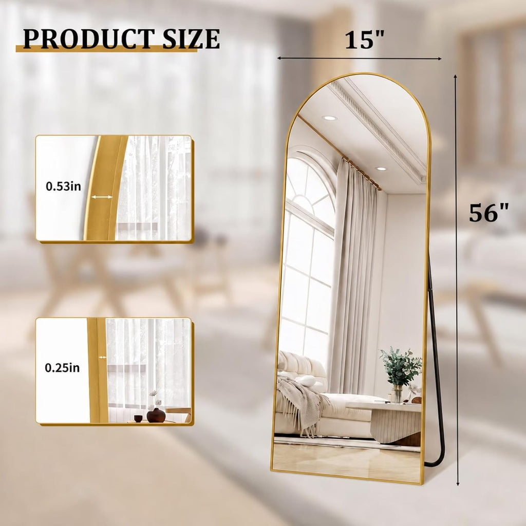 Arched Full Length Floor Mirror with Gold Aluminum Frame, 56"x15"