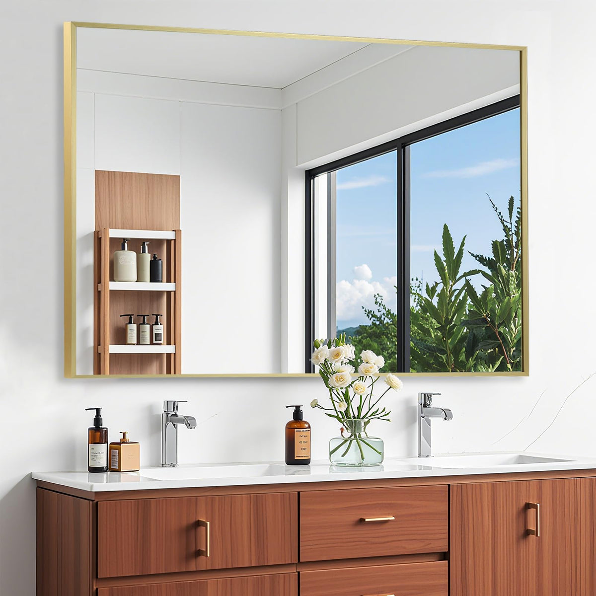 Brushed Nickel Bathroom Mirror, 30"x36" Rectangle Mirror, Brushed Mirror, Metal Frame Square Corner Vanity Mirror, Wall Mounted Mirror for Modern, Living Room, Bedroom, Horizontal Or Vertical