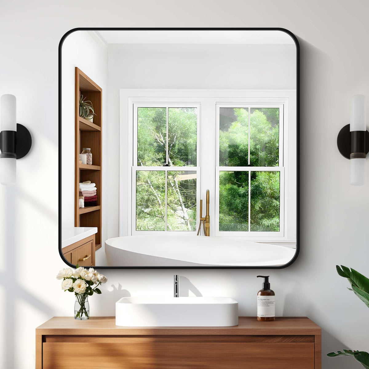 Black Bathroom Mirror, 28x42 inch Aluminum Metal Frame Rectangular Vanity Mirror, Wall Mounted Rectangle Mirrors with Rounded Corner for Bedroom Living Room Hangs Horizontal Or Vertical