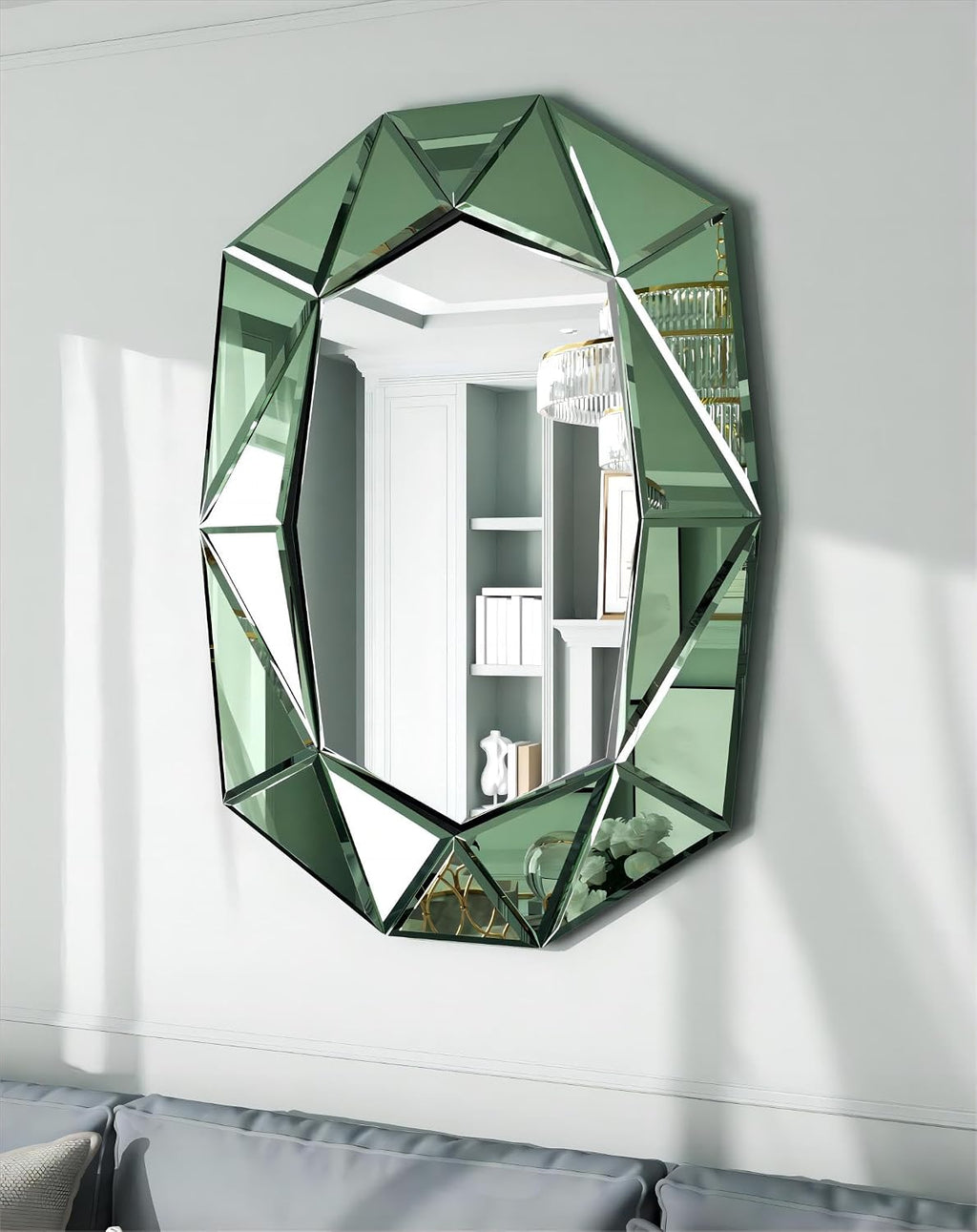 Oval Diamond-Shape Wall Mirror: Green Mirror Frame 39.4x27.5 inch