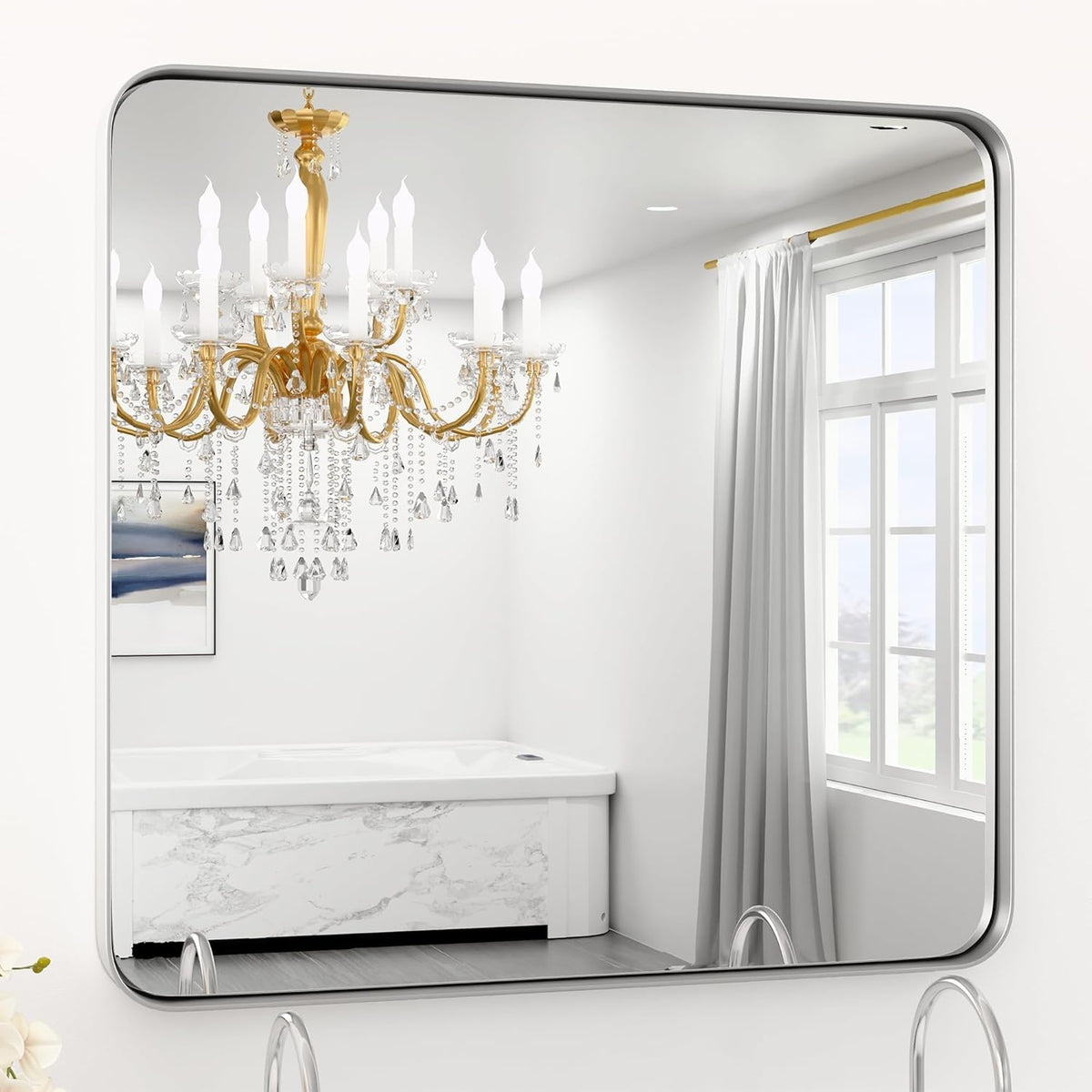 Black Bathroom Mirror 24 x 28 in Vanity Mirror,Metal Frame Wall Mirror,Farmhouse Rectangle Mirror, Bathroom Mirrors for Over Sink,Horizontal or Vertical Hanging