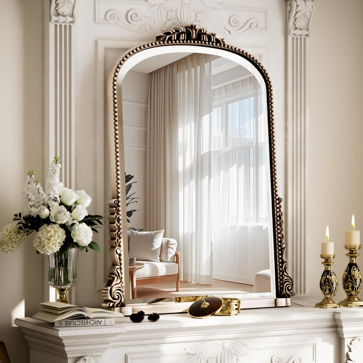 24"×32" Bronze Arched Wall Mirror with Vintage Carving