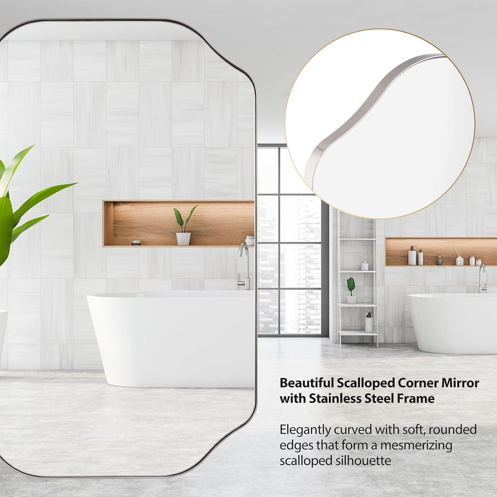 20x30 Inch Bathroom Mirror, Brushed Nickel Scalloped Wall Vanity Mirror Anti-Rust Stainless Steel 0.8" Frame Wall Mounts Horizontally or Vertically