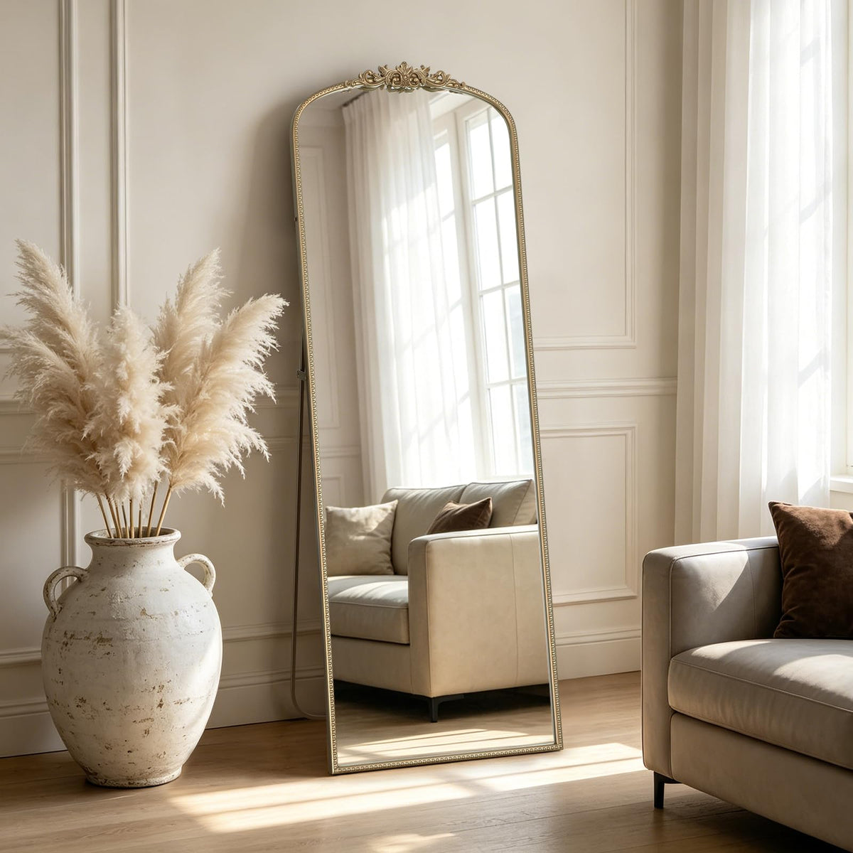WallBeyond Gold Vintage Mirror for Vanity 32x24 Inch, Gold Antique Mirror with Ornate Frame, Arched Vintage Wall for Bathroom, Living Room, Fireplace, Entryway