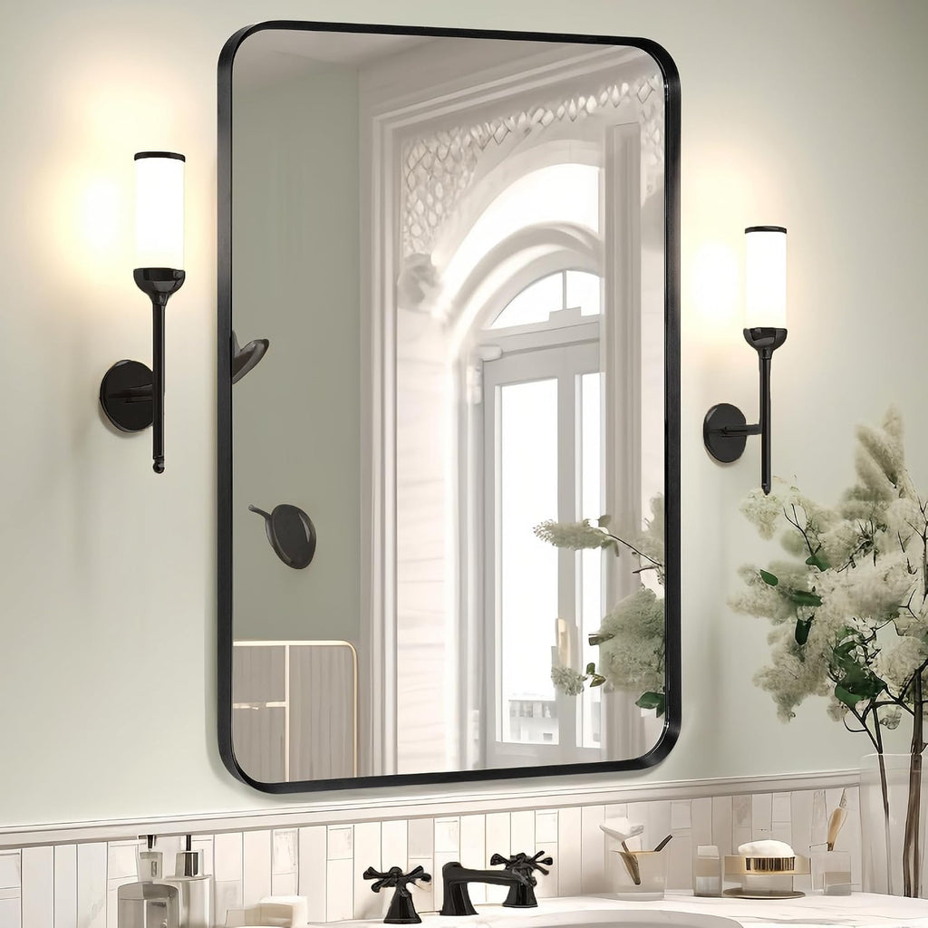 Wall Mount Mirror for Bathroom, Black Metal Framed, 24" x 36"