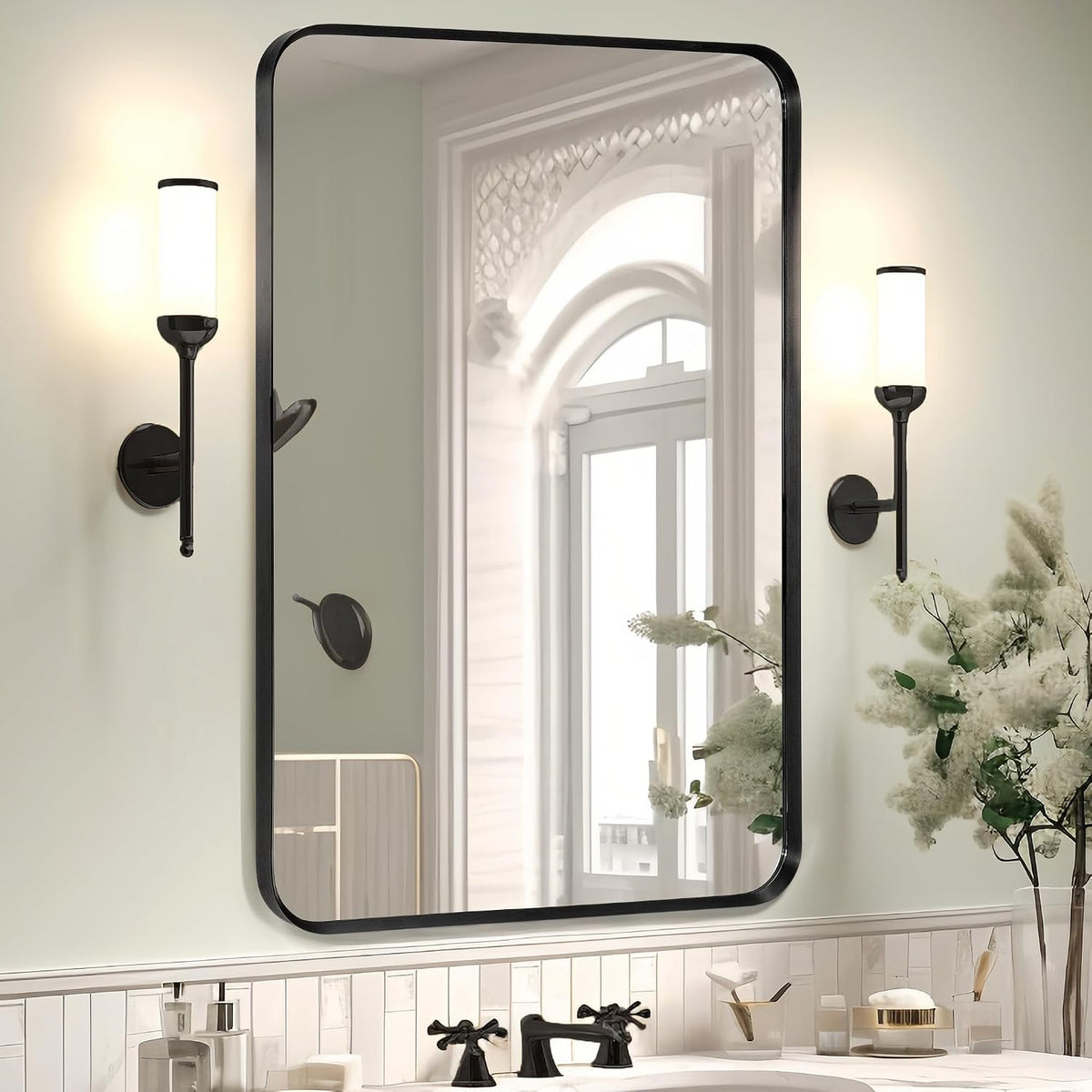 Wall Mount Mirror for Bathroom, Black Metal Framed, 24" x 36"