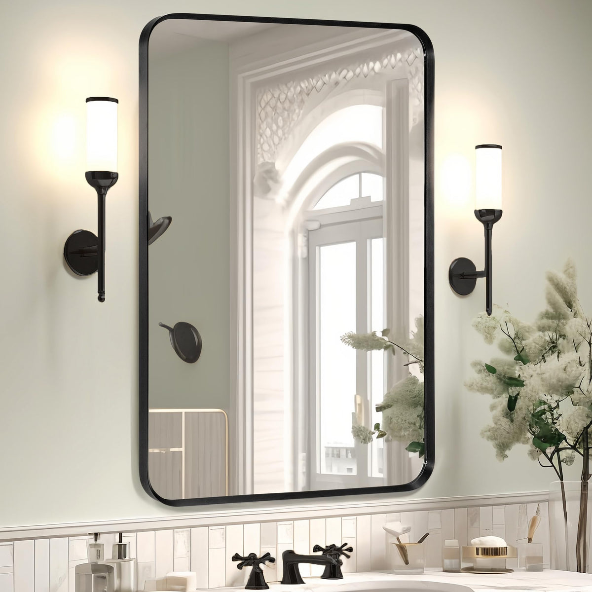 Wall Mount Mirror for Bathroom, Black Metal Framed, 24" x 36"