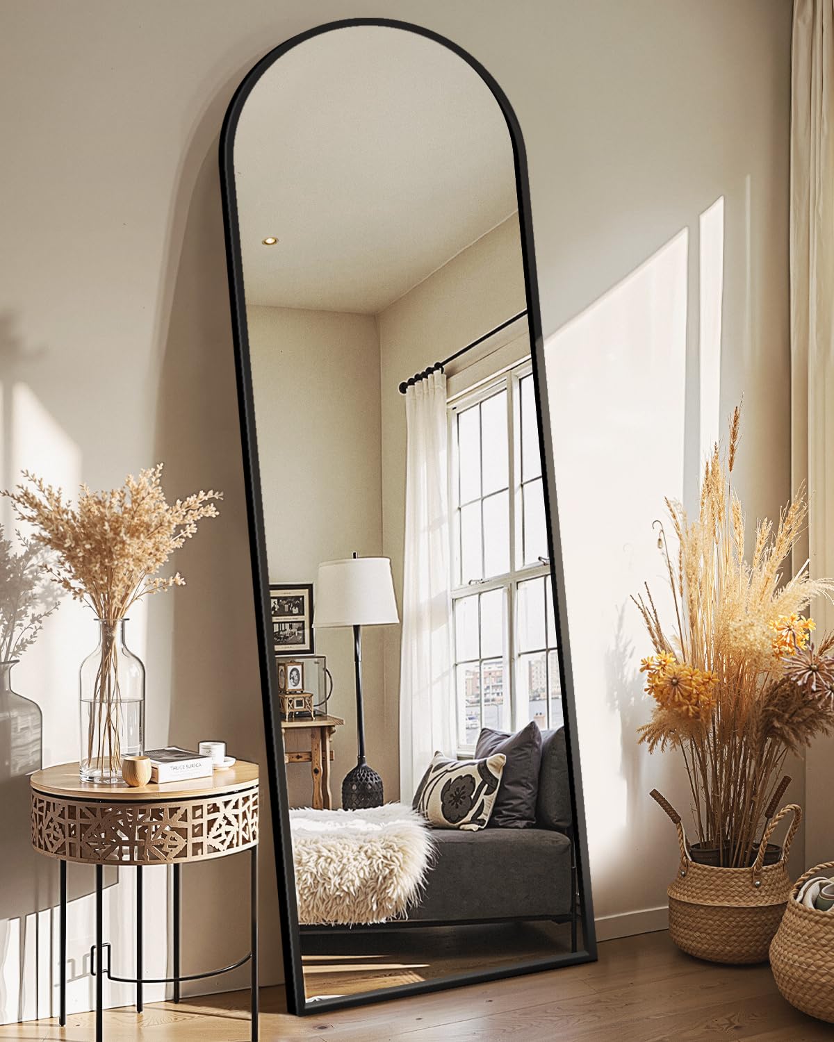 Delma Arched Full Length Mirror with Stand, 75x35 Black Floor Mirror