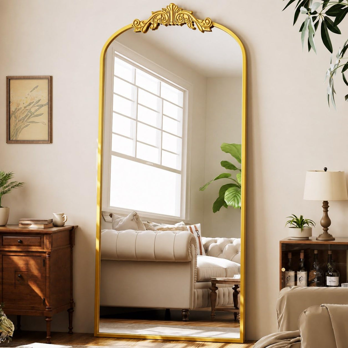 GLSLAND Arched Full Length Mirror,64"x21" Vintage Carved Floor Mirror Gold