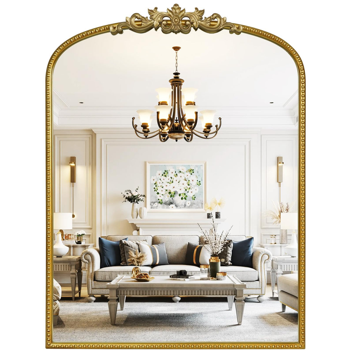 WallBeyond Gold Vintage Mirror for Vanity 32x24 Inch, Gold Antique Mirror with Ornate Frame, Arched Vintage Wall for Bathroom, Living Room, Fireplace, Entryway