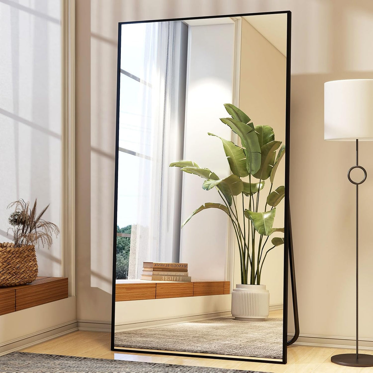 Easly 34"x76" Full Length Mirror with Stand, Large Rectangular Floor Mirror for Bedroom, Living Room or Closet, Wall-Mounted or Freestanding, Black Aluminum Alloy Frame