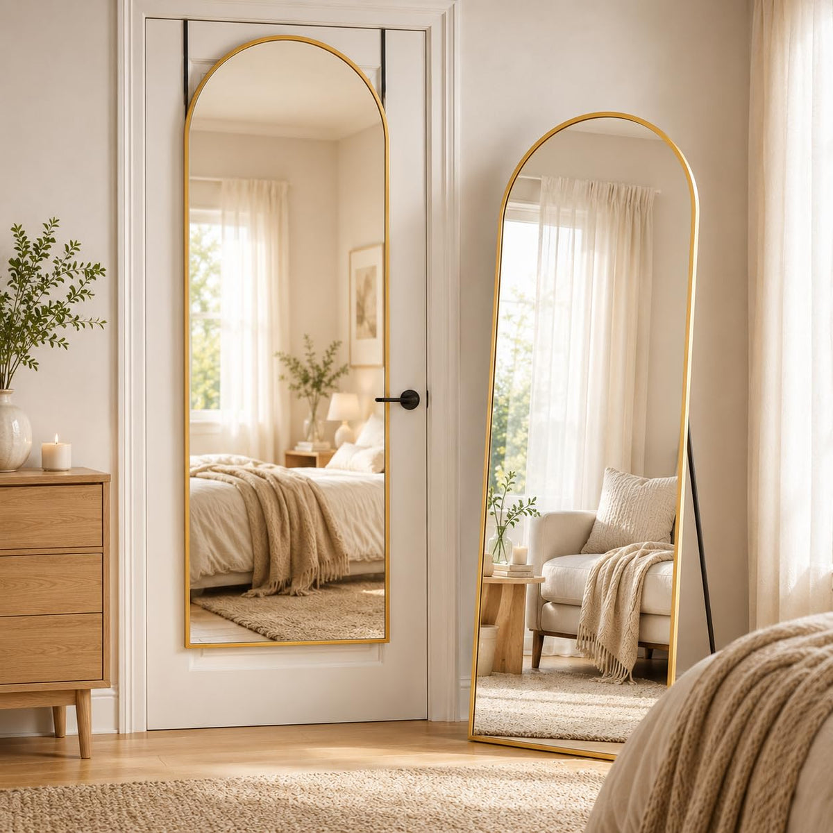 Full Length Mirror, 76"x34" Arched Floor Mirror, Gold