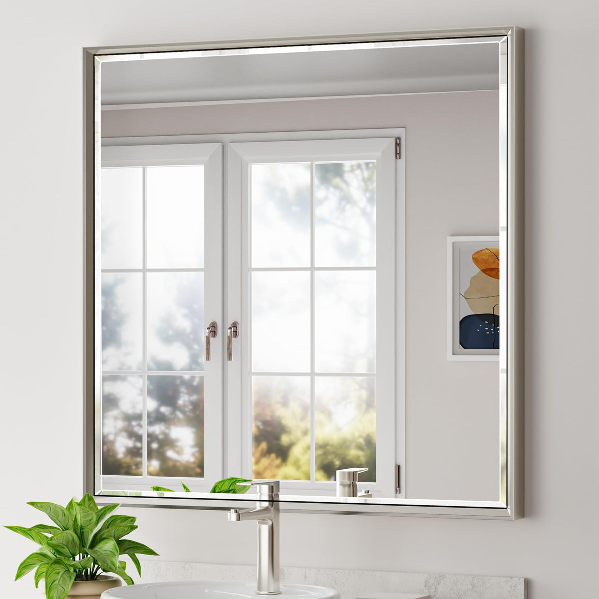 Brushed Nickel Bathroom Mirror, 24x32 Inch Beveled Framed Bathroom Mirror Anti-Rust, Brushed Nickel Metal Frame Bathroom Vanity Mirror for Wall, Vertical/Horizontal Wall-Mounted Mirrors