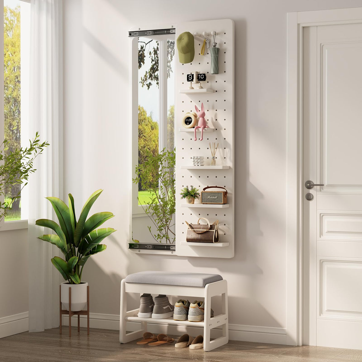 KungFuWood Full Length Mirror with Shelf and Hooks,Entry Way Mirrors for Wall,Wall Mirror with Shelf,Wall Mirror with Storage Multifunctional Design Panel,Living Room (Walnut, 52.4" L x 19" W)