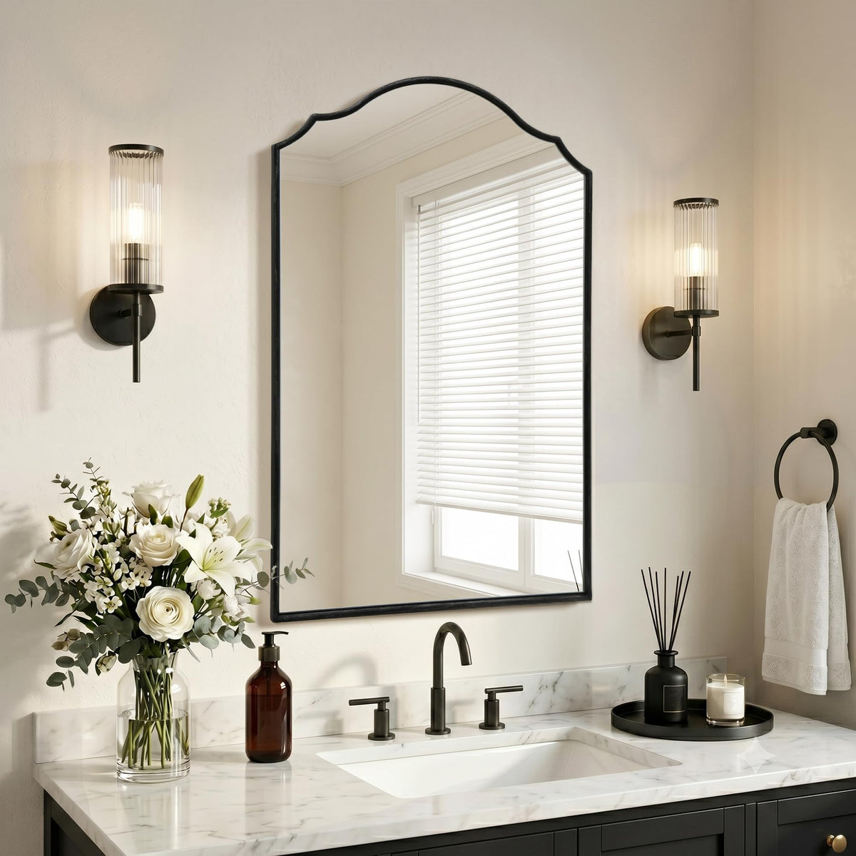 Besdomus Gold Scalloped Wall Mirror: 40"x29" Large Wooden Bathroom Mirror