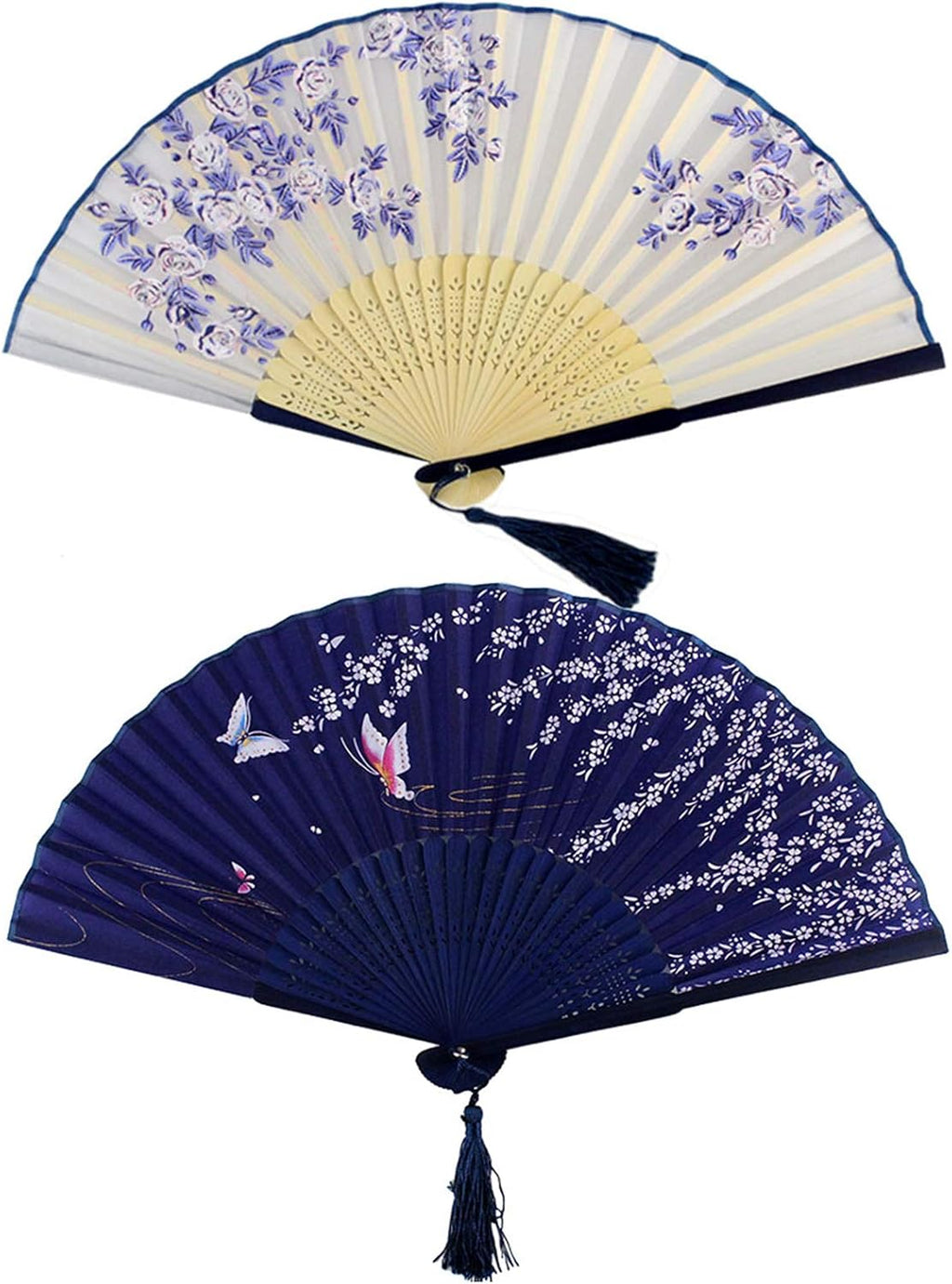 Bantoye 2Pcs Handheld Fans Silk Folding Fans with Bamboo Frames, White Blue