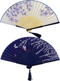 Bantoye 2Pcs Handheld Fans Silk Folding Fans with Bamboo Frames, White Blue