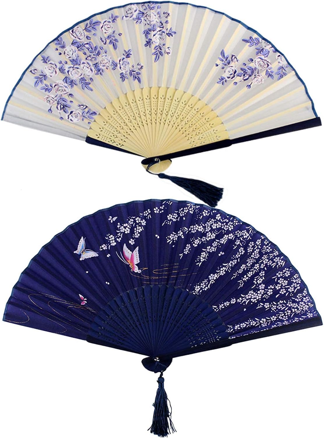 Bantoye 2Pcs Handheld Fans Silk Folding Fans with Bamboo Frames, White Blue