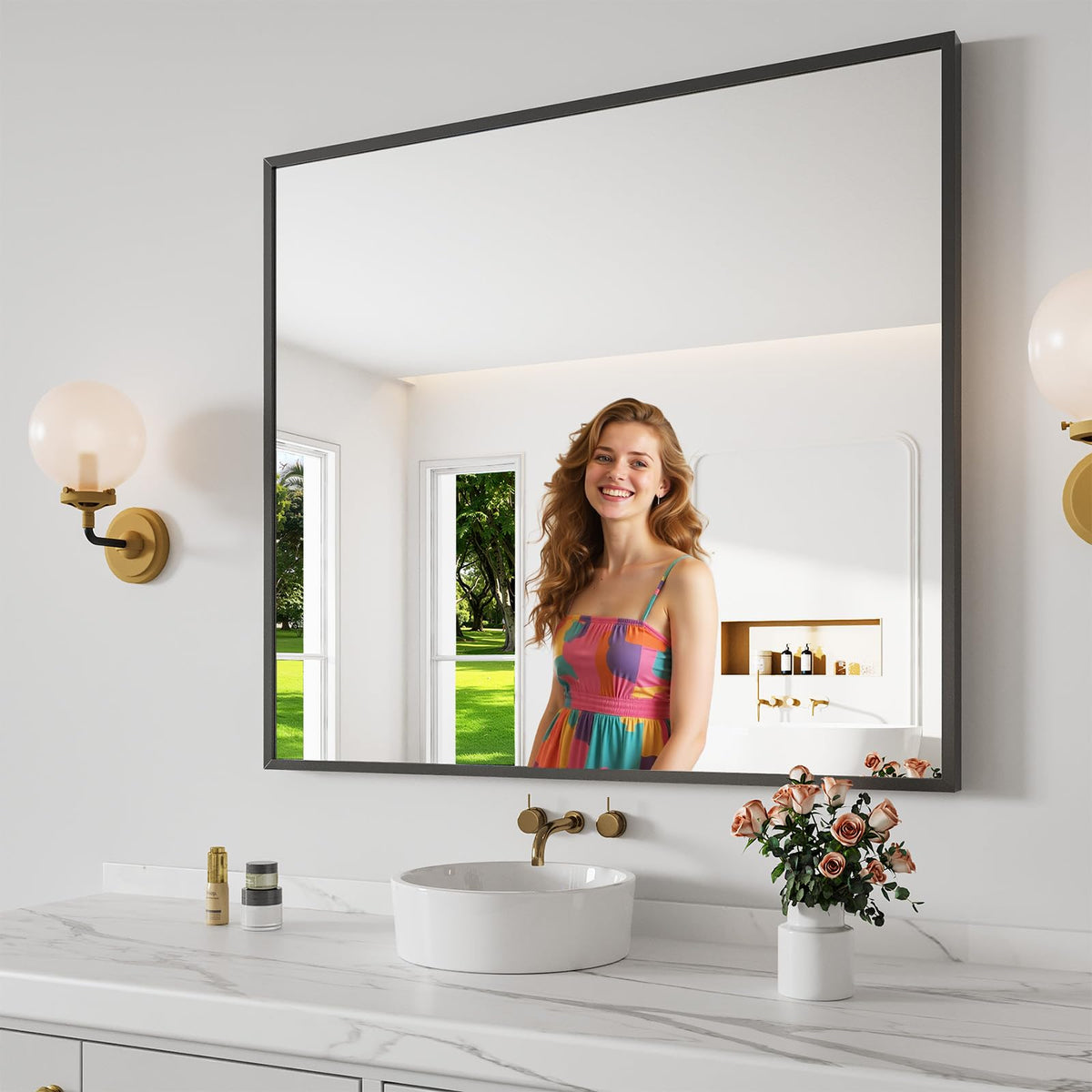 Koonmi Bathroom Mirror for Wall, 30"x30" Black Bathroom Mirror for Over Sink, Shatterproof Tempered Glass Vanity Mirror with Anti-Rust Aluminum Alloy Frame, Hang Horizontally or Vertically