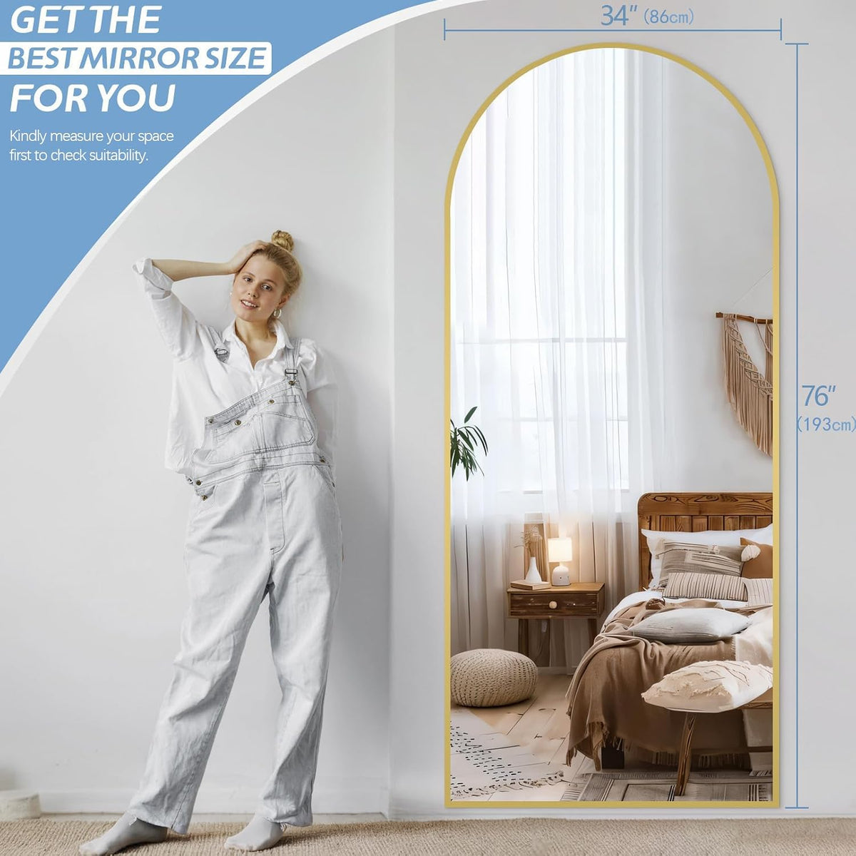 MirrMuse 76"x34" Large Arched Floor Mirror Full Length with Stand, Gold