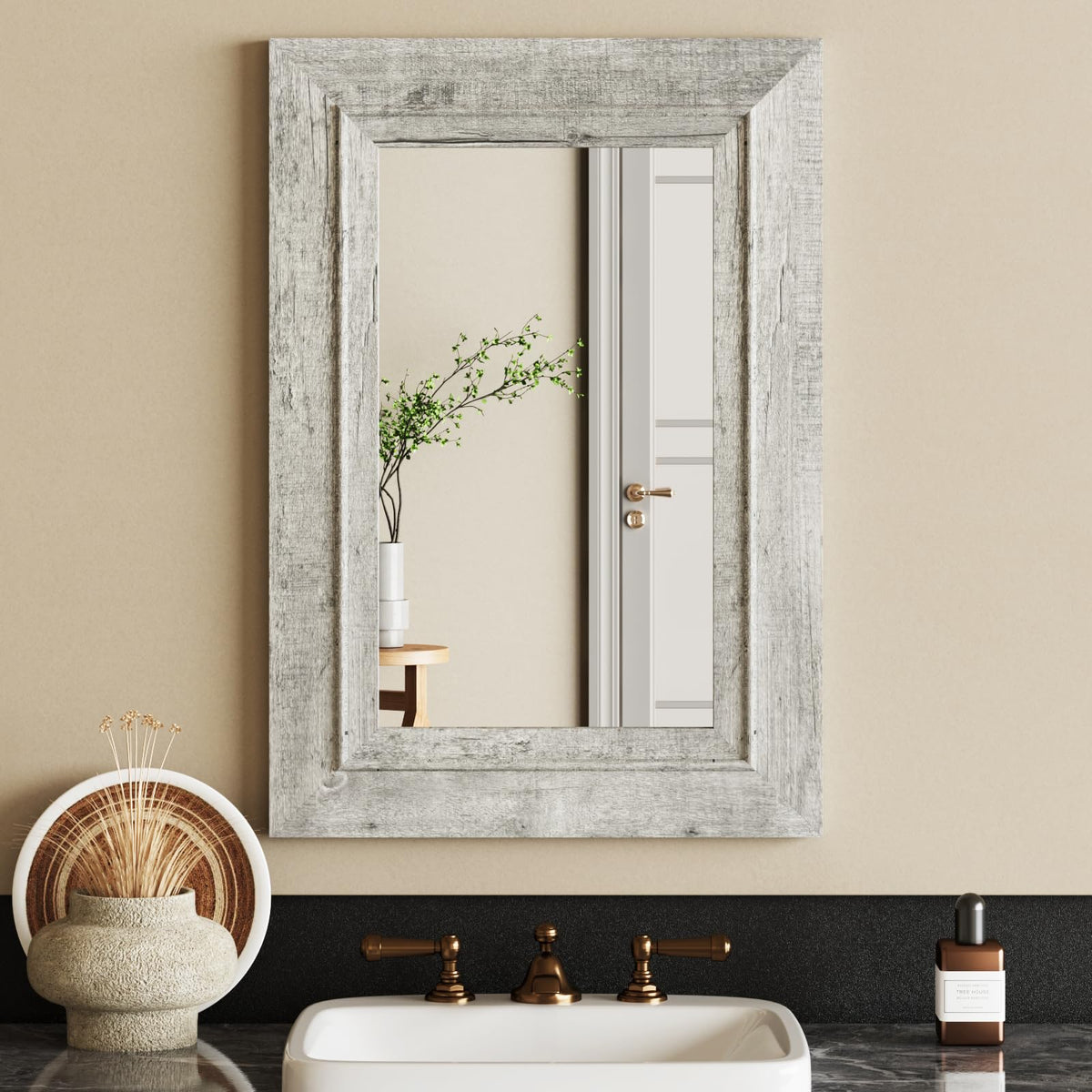 Rustic Wall-Mounted Vanity Mirror, Solid Wood Frame Bathroom Mirror, Farmhouse Style for Living Room, Bedroom, Entryway, Horizontal/Vertical Hanging