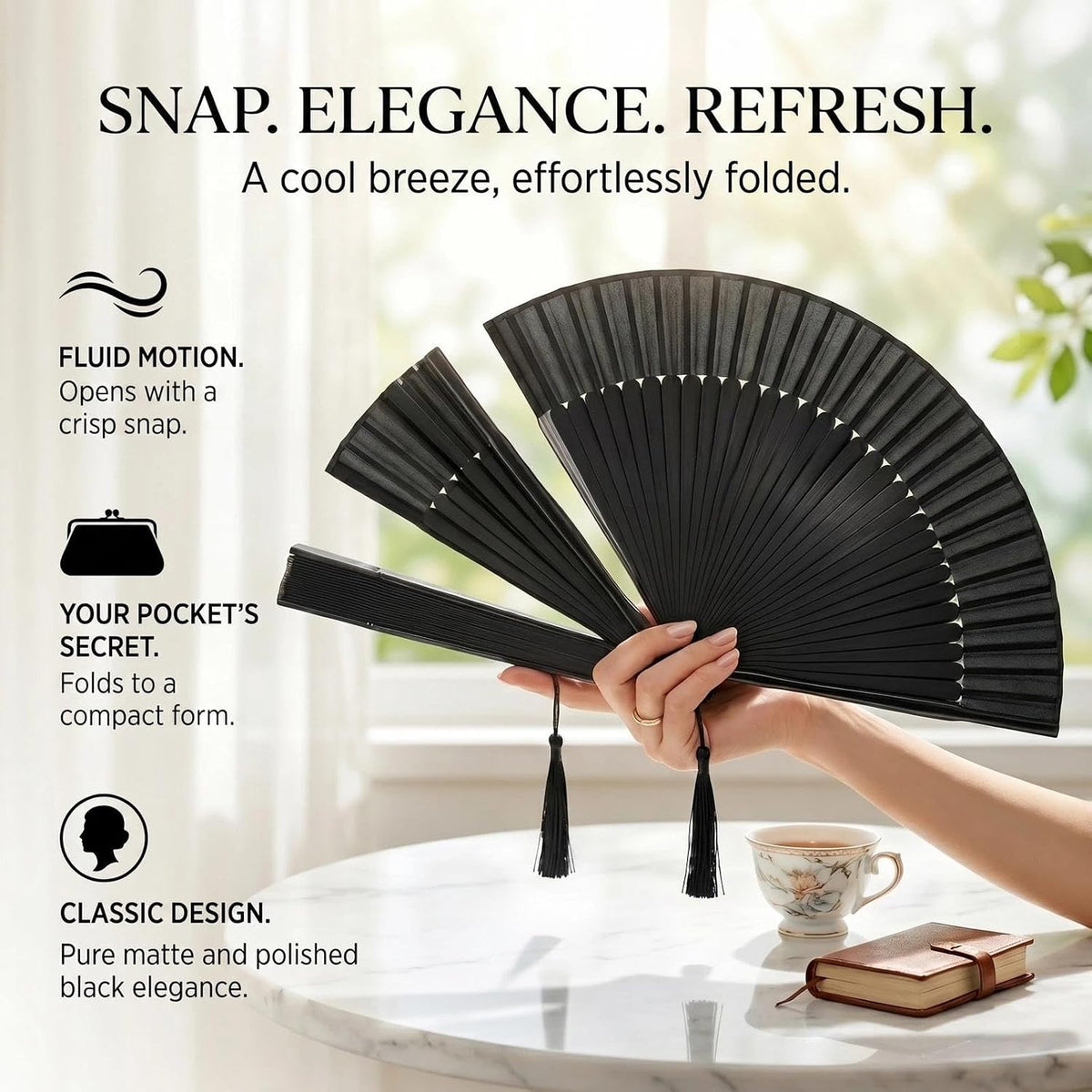 OMyTea Hand Fan Foldable for Women, Japanese Chinese Fan, Solid Black