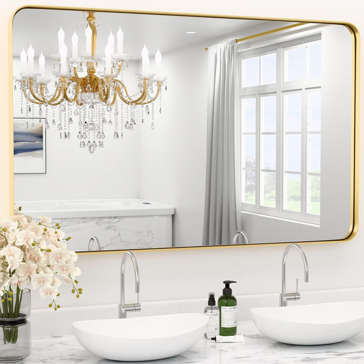 Black Bathroom Mirror 24 x 28 in Vanity Mirror,Metal Frame Wall Mirror,Farmhouse Rectangle Mirror, Bathroom Mirrors for Over Sink,Horizontal or Vertical Hanging