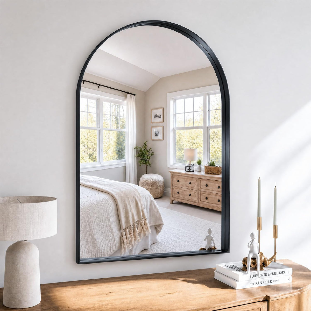 36"x24" Black Arched Mirror, Arched Wall Mirror with Metal Frame, Wall Mounted Large Arched Mirror for Living Room, Restroom, Entryway, Tempered Glass, Modern Home Decor