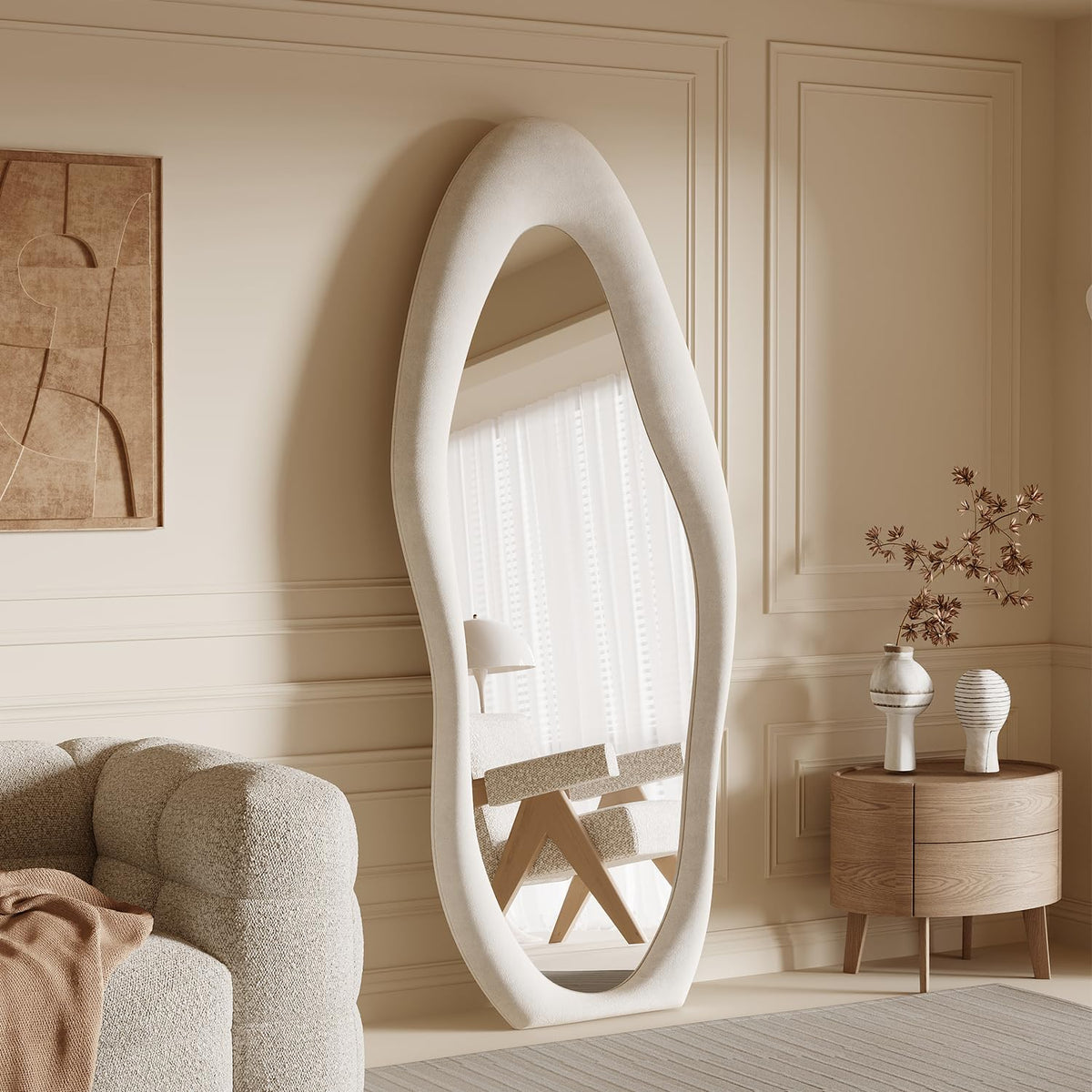 Honyee 55" x 24" Wavy Mirror, Flannel Wrapped Wooden Frame, Irregular Hanging for Cloakroom/Bedroom/Living Room, Green