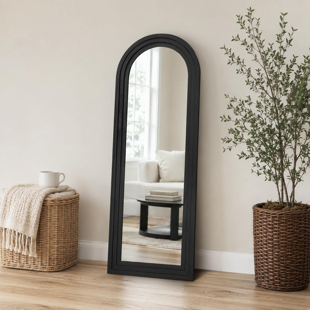 58x24in Full Length Mirror, Solid Wood Convex Frame, Black