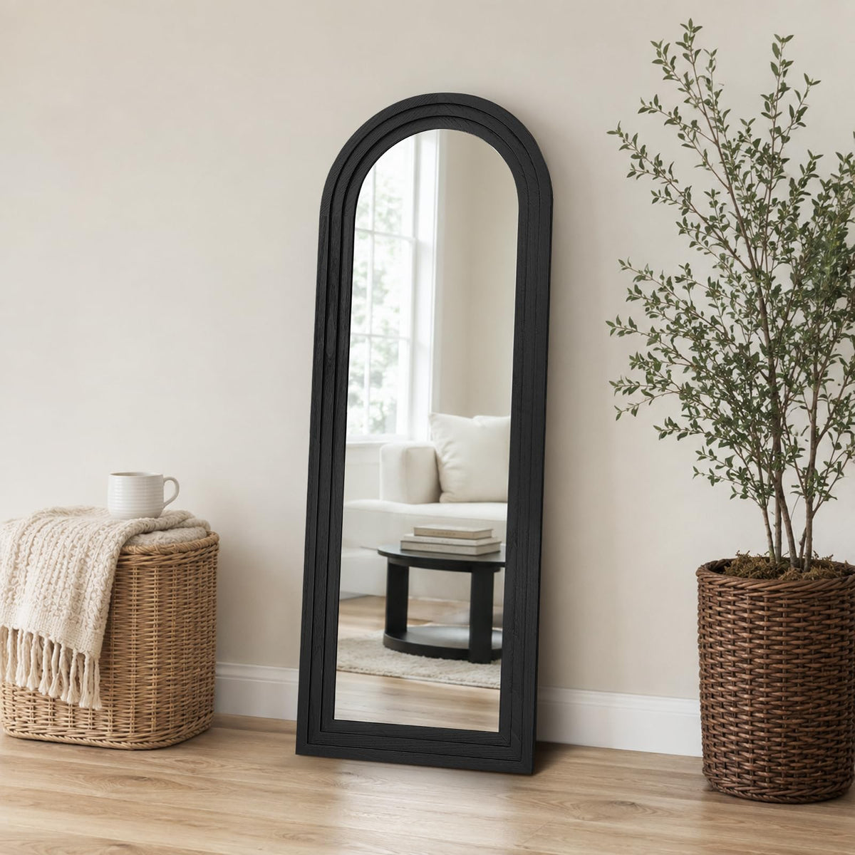 58x24in Full Length Mirror, Solid Wood Convex Frame, Black