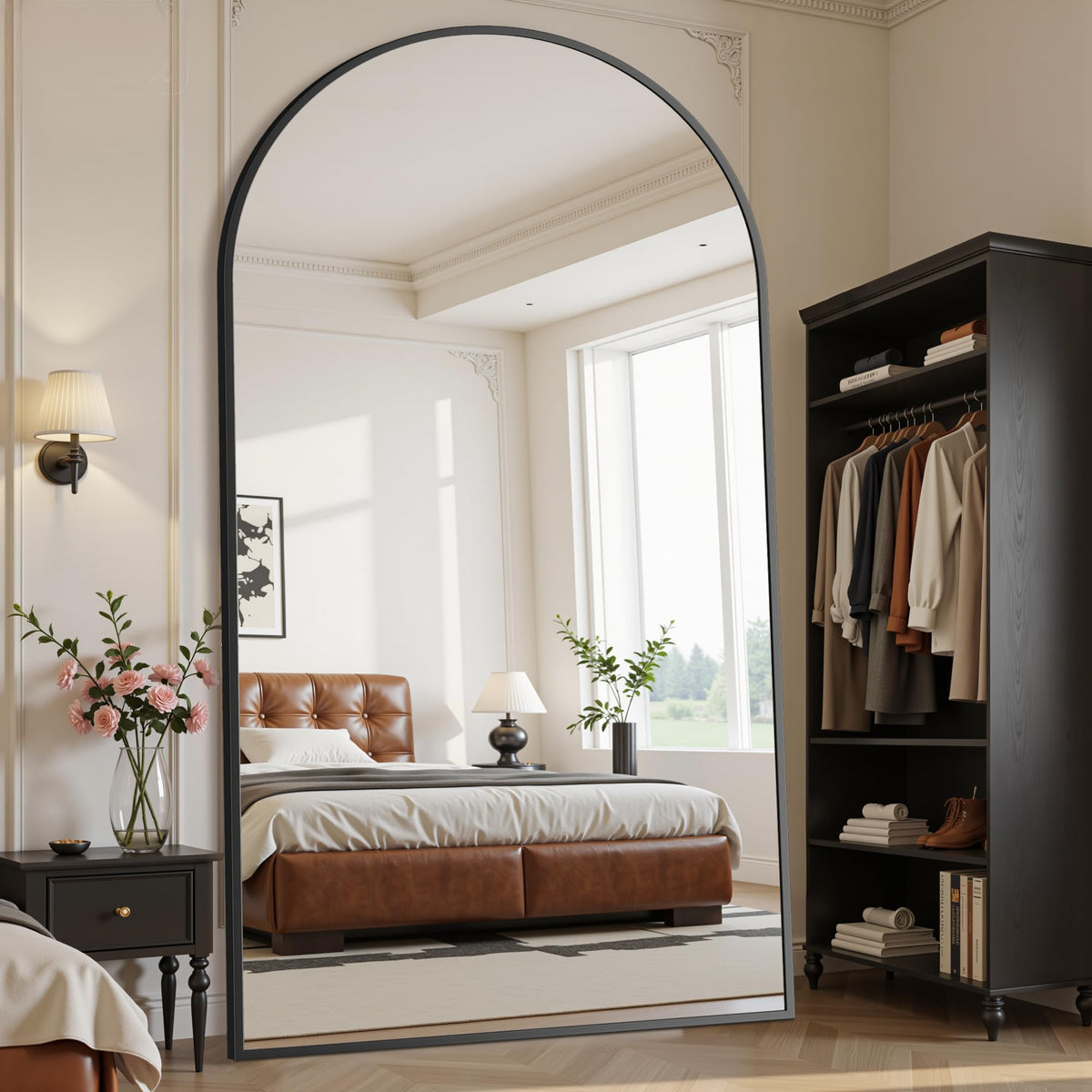 Suidia 71"x28" Arched Full Length Mirror with Stand, Black Floor Mirror