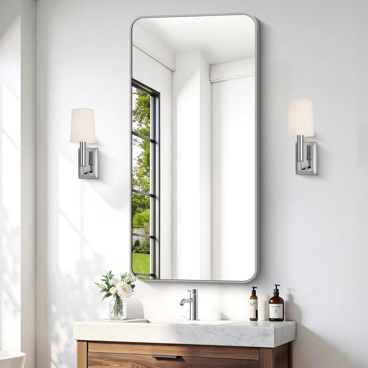 Black Bathroom Mirror, 28x42 inch Aluminum Metal Frame Rectangular Vanity Mirror, Wall Mounted Rectangle Mirrors with Rounded Corner for Bedroom Living Room Hangs Horizontal Or Vertical