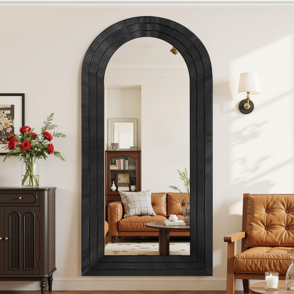Antok Full Length Mirror with Solid Wood Frame, 71"×32" Wall Mounted Oversized Floor Mirror with Stand, Leaning Standing Hanging for Bedroom Living Room Entryway, Walnut, Arched Syle
