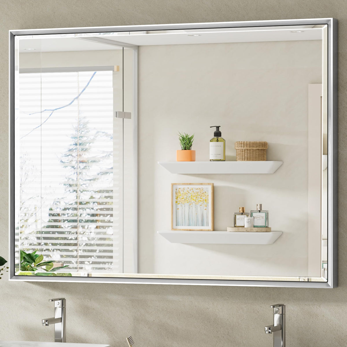 Brushed Nickel Bathroom Mirror, 24x32 Inch Beveled Framed Bathroom Mirror Anti-Rust, Brushed Nickel Metal Frame Bathroom Vanity Mirror for Wall, Vertical/Horizontal Wall-Mounted Mirrors