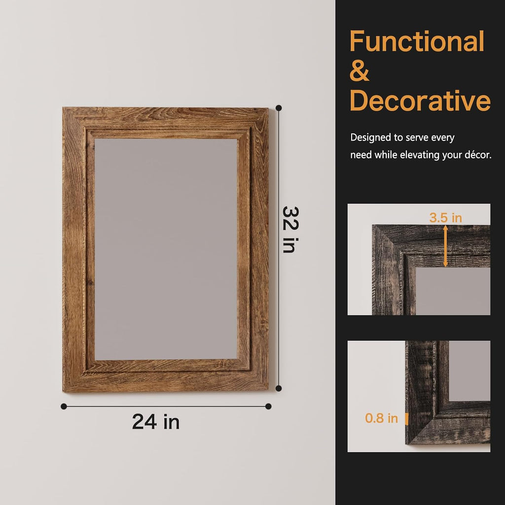 Rustic Wall-Mounted Vanity Mirror, Solid Wood Frame Bathroom Mirror, Farmhouse Style for Living Room, Bedroom, Entryway, Horizontal/Vertical Hanging