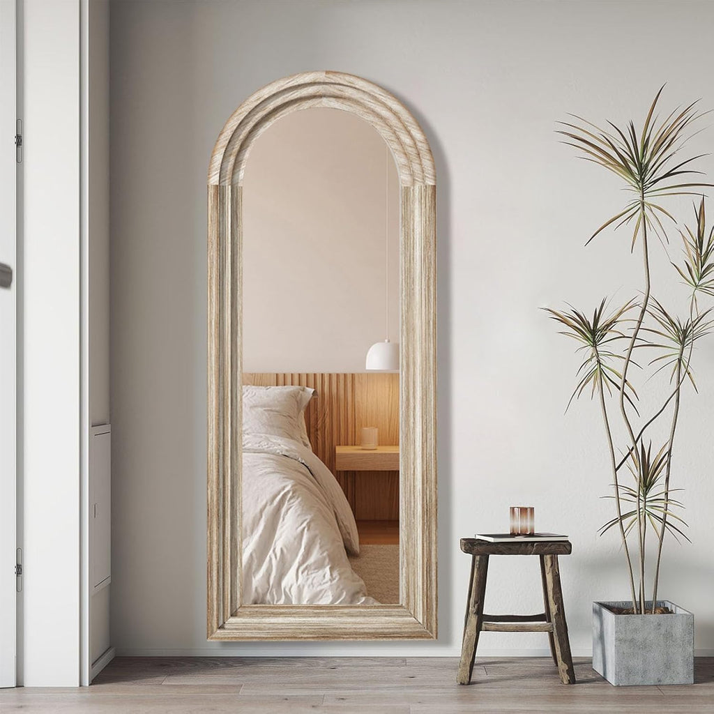 Arched Full Length Mirror with Solid Wood Frame 65x24 Inch Wall Mounted Floor Mirror, Vertical Hanging Leaning Standing Mirror for Living Room, Bedroom, Entryway, Rustic White