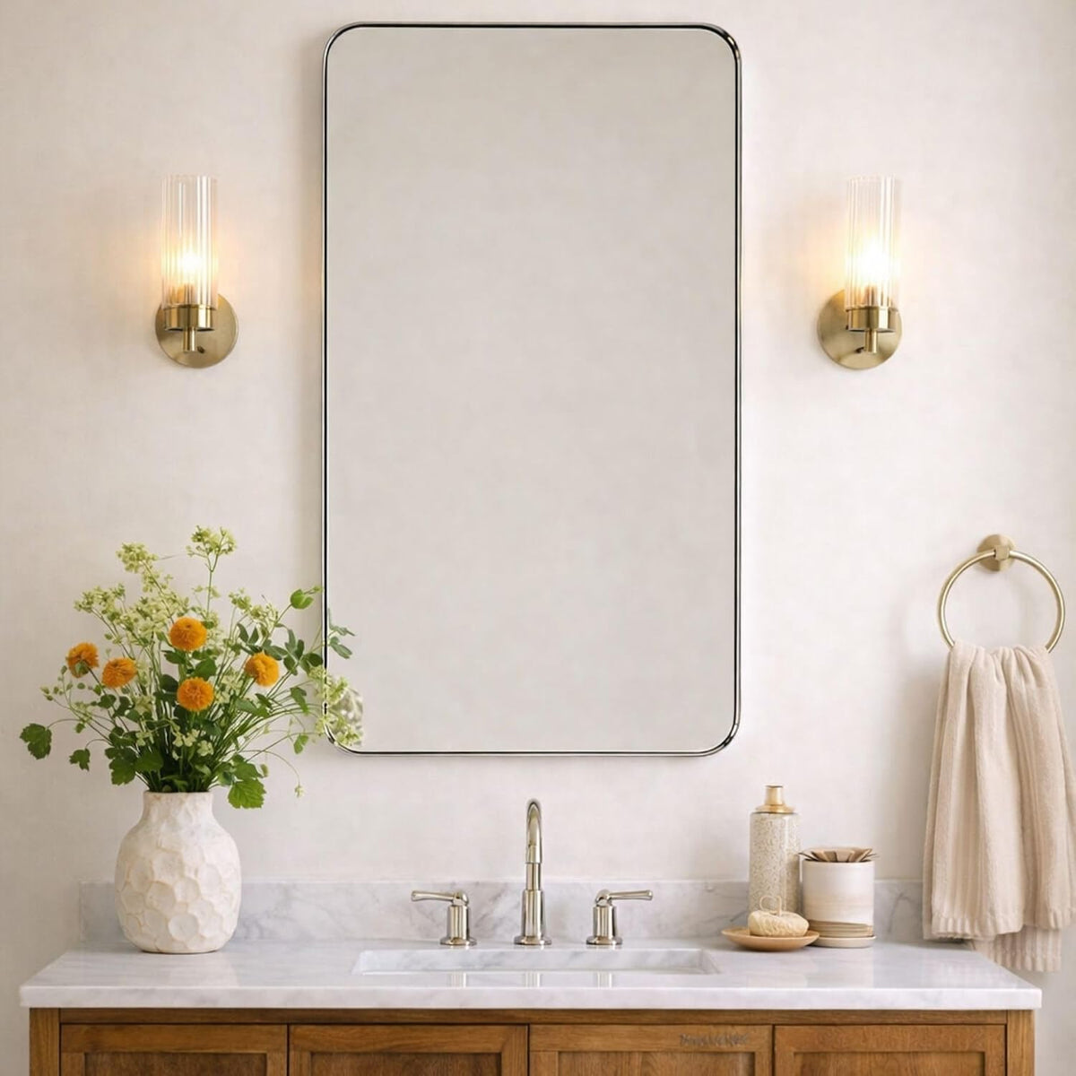 GRACTO 24x40'' Chrome Metal Framed Bathroom Mirror for Wall in Stainless Steel Rounded Rectangular Bathroom Vanity Mirrors Wall Mounted